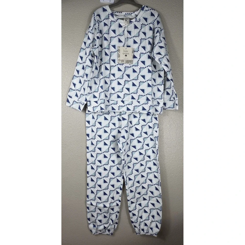 Kate Quinn Blue Picnic Quilt Jogger Set Kids 6Y NWT Organic Cotton